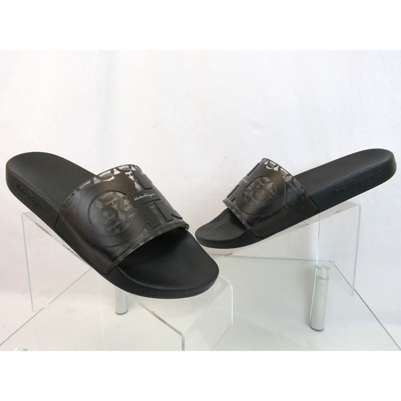NIB FERRAGAMO GROOVE 5 TRANSPARENT BLACK RUBBER GANCINI LOGO SANDALS SLIDES 13 M - Picture 1 of 16